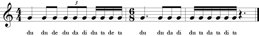 4/4 to 6/8 time signatures with repeated note and a variety of rhythms.