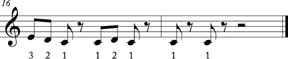 4/4 time signature where two measure melody has the first 3 notes of the scale in various rhythms. Numbers are beneath each melody.