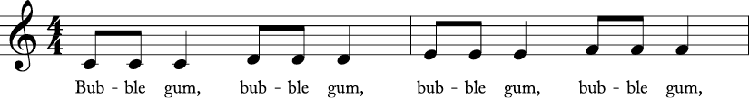 4/4 time signature C major key. First two measures have stepwise ascending motion from C to F. Lyrics are bubble gum..