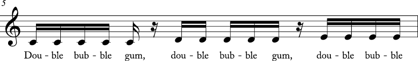 4/4 time signature C major key. First measures has stepwise ascending motion from C to E. Lyrics are double bubble gum..