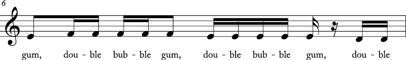 4/4 time signature C major key. Next measure has stepwise descending motion from F to D. Lyrics are double bubble gum..