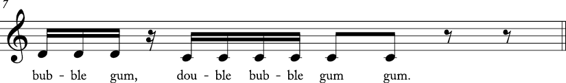 4/4 time signature C major key. Third measure has stepwise descending motion from D to C. Lyrics are double bubble gum..