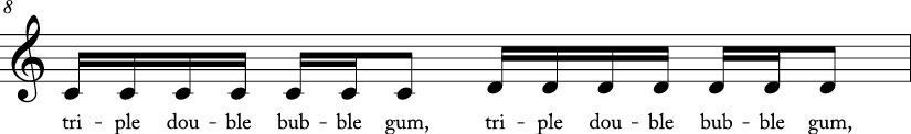 4/4 time signature C major key. First measure has stepwise ascending motion from C to D. Lyrics are triple double bubble gum..