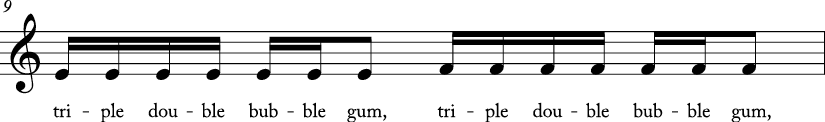 4/4 time signature C major key. Second measure has stepwise ascending motion from E to F. Lyrics are triple double bubble gum..