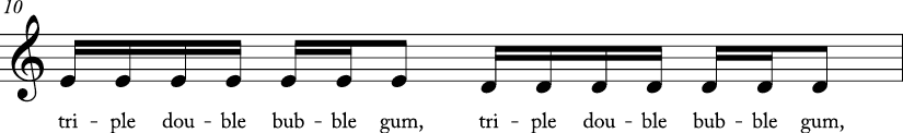 4/4 time signature C major key. Third measure has stepwise descending motion from E to D. Lyrics are triple double bubble gum..