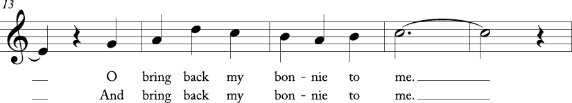 3/4 time signature in C major. Fourth four measures of song.