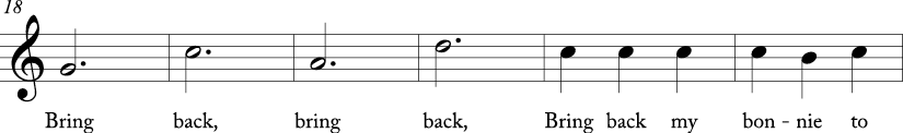 3/4 time signature in C major. Fifth six measures of song to refrain "bring back."