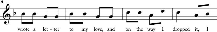 2/4 time signautre in F major. Second 4 measures of "A Tisket, A Tasket."