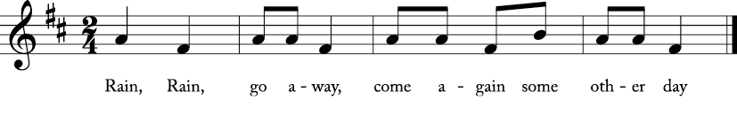 2/4 time signature key of D major. Melody line with lyrics for Rain, Rain Go Away.