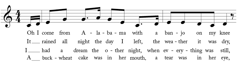 4/4 time signature key of C major. Pick up and first two measures of "Oh! Susanna"