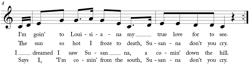 4/4 time signature key of C major. Pick up to second two measures of "Oh! Susanna"