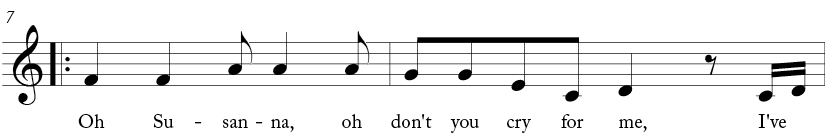 4/4 time signature key of C major. Third two measures of "Oh! Susanna"