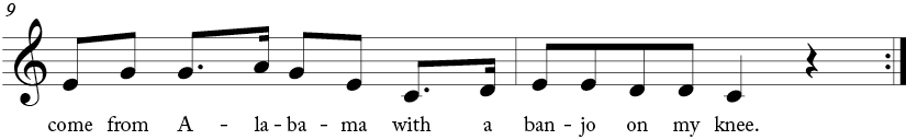 4/4 time signature key of C major. Last two measures of "Oh! Susanna"