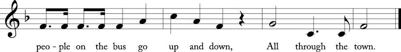 4/4 time signature, Key of F Major. Last four measures of "People on the Bus."