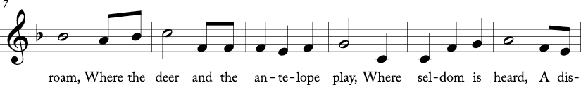 3/4 time signature in key of F major. Next six measures of "Home on the Range." 