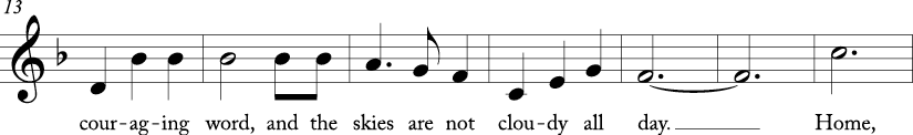 3/4 time signature in key of F major. Next seven measures of "Home on the Range." 