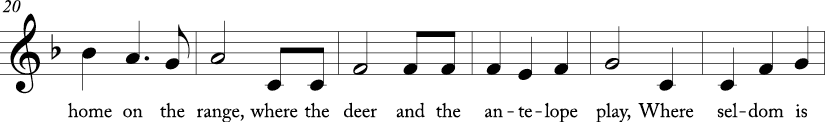 3/4 time signature in key of F major. Next six measures of "Home on the Range." 