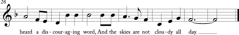 3/4 time signature in key of F major. Last seven measures of "Home on the Range." 