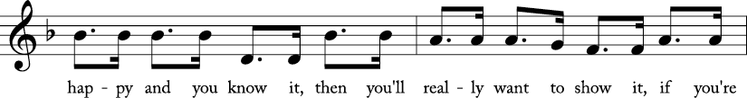 4/4 time signature in Key of F. Third 2 measures of "If You're Happy and You Know It."