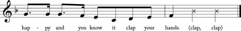 4/4 time signature in Key of F. Fourth and final 2 measures of "If You're Happy and You Know It."