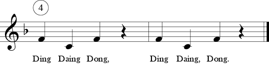 4/4 time signature in Key of F. Last two measures of "Frere Jacques" showing  a 4 above 1st measure showing the 4th round entry.