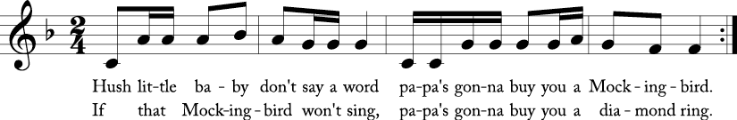 2/4 time signature in F Major. Four measure tune of "Hush Little Baby, Don't Say a Word." Lyrics are below for the first time through and the repeat.