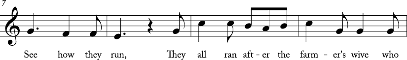6/8 time signature C Major. Next four measures with lyrics for "Three Blind Mice."