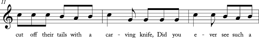 6/8 time signature C Major. Next 3 measures with lyrics for "Three Blind Mice."