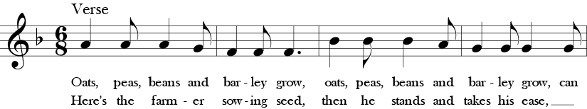 F Major. 6/8 Time Signature. First four measures of Oats, Peas, Beans and Barley Grow. One sees the long short rythm pattern in the quarter to eighth note pattern.