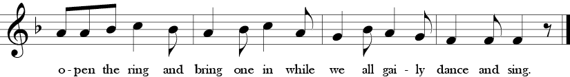 F Major. 6/8 Time Signature. Fourth four measures of Oats, Peas, Beans and Barley Grow. One sees the long short rythm pattern in the quarter to eighth note pattern.