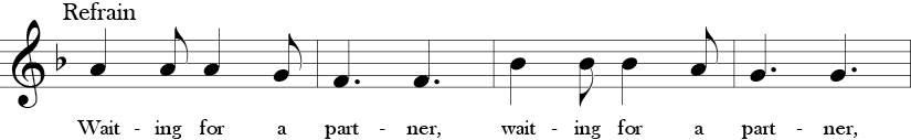 F Major. 6/8 Time Signature. Third four measures of Oats, Peas, Beans and Barley Grow. One sees the long short rythm pattern in the quarter to eighth note pattern.  The same musically, but five verses unlike version above that has 2 verses. 