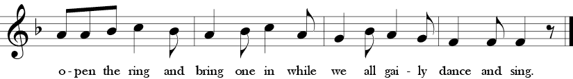 F Major. 6/8 Time Signature. Fourth four measures of Oats, Peas, Beans and Barley Grow. One sees the long short rythm pattern in the quarter to eighth note pattern.  The same musically, but five verses unlike version above that has 2 verses.