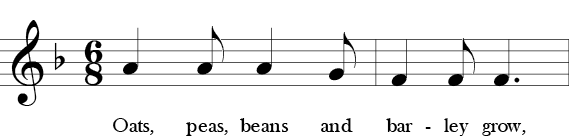 F Major. 6/8 Time Signature. First two measures of Oats, Peas, Beans and Barley Grow. Called phrase 1.