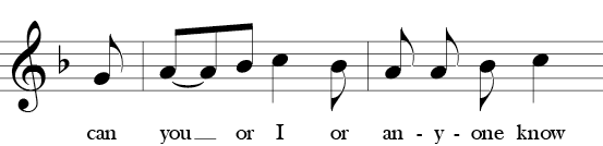 F Major. 6/8 Time Signature. Third two measures of Oats, Peas, Beans and Barley Grow. Called phrase 3
