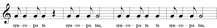C Major. 4/4 Time Signature. Four measures with a single G note in different rhythms, focused on syncopated rhythms.