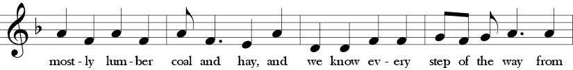 F Major/d minor. 4/4 Time Signature. Fourth four measures with a repetition of A and F notes, and thus more towards F major sound.