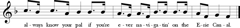 F Major/d minor. 4/4 Time Signature. Seventh three measures with a repetition of A and F and  Bb and C notes and ends on F major sound.
