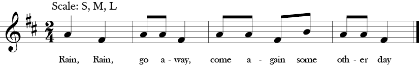 2/4 Time Signature. D Major. Song "Rain, Rain Go Away" with four measures only three notes A, F, and B.