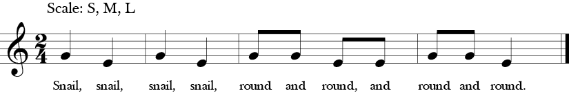 2/4 Time Signature, no sharps or flats. Song "Snail, Snail" also four measure two note tune with G and E.