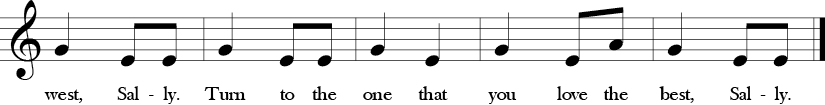 2/4 Time Signature. C Major. Last 5 measures of "Little Sally Water." Melodic thirds and notes are G, E, A.