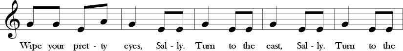 2/4 Time Signature. C Major. Second 5 measures of "Little Sally Water." Melodic thirds and notes are G, E, A.