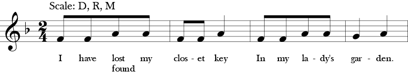 2/4 Time Signature. F Major. First four measures of "I Have Lost my Closet Key" with simple three note melody F, G, and A, which is Do, Re, Mi in solfege.