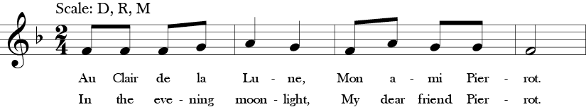 2/4 Time Signature. F Major. First four measures of "Au Clair de la Lune" with simple three note melody F, G, and A, which is Do, Re, Mi in solfege.