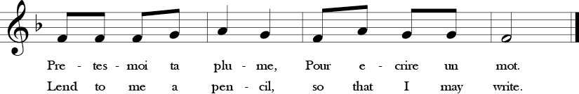 2/4 Time Signature. F Major. Last four measures of "Au Clair de la Lune" with simple three note melody F, G, and A, which is Do, Re, Mi in solfege.