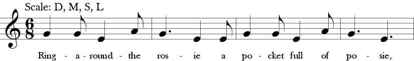 6/8 Time Signature. Key of C. First four measures of "Ring Around the Rosy" with three note melody G, E, A or Sol, Mi, La in Solfege.