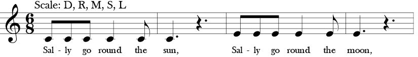 6/8 Time Signature. Key of C. First four measures of "Sally Go Round the Sun" where belody is C E or Do, Mi in Solfege.