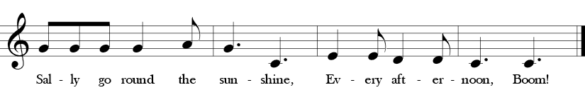 6/8 Time Signature. Key of C. Last four measures of "Sally Go Round the Sun" where belody is C, D, E, G, and A or Do, Re, Mi, Sol, La  in Solfege.