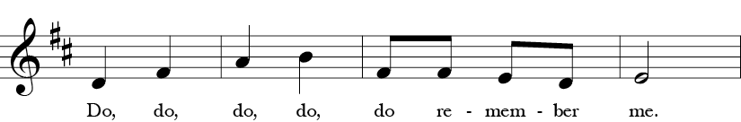 2/4 Time Signature. D Major. Third four measures of "Rocky Mountain" with five notes in the melody for the whole song - D, E, F sharp, A or Do, Re, Mi, La in Solfege.