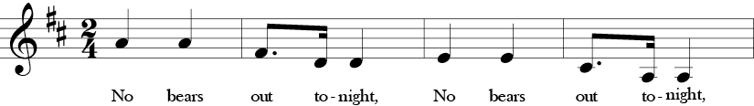 2/4 Time Signature. D Major. First four measures of "No Bears Out Tonight" with many repeated notes and melodic thirds in the melody.