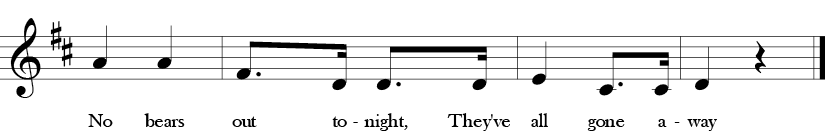 2/4 Time Signature. D Major. Last four measures of "No Bears Out Tonight" with many repeated notes and melodic thirds in the melody.